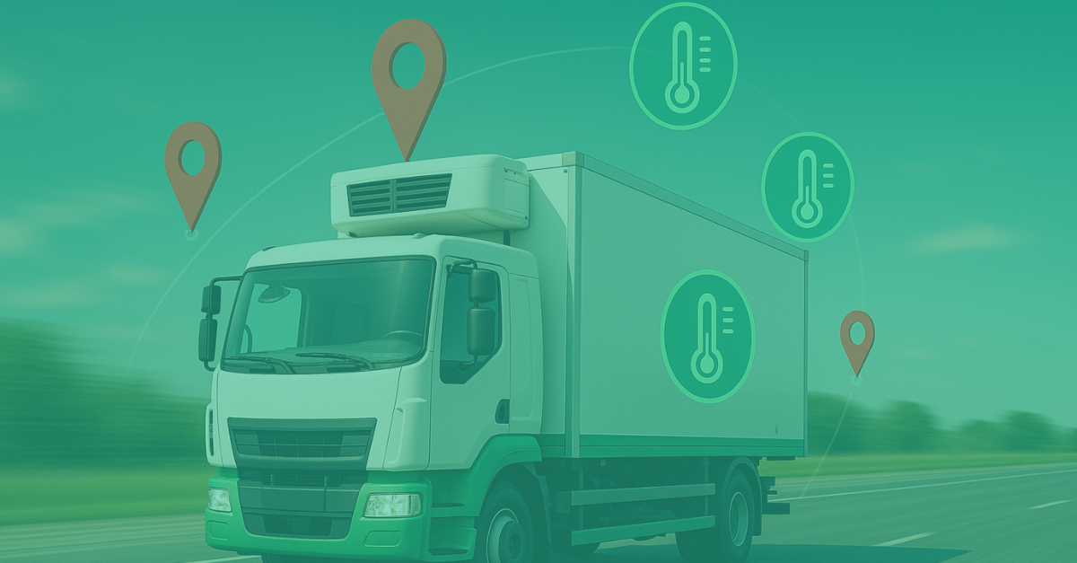 A refrigerated delivery truck or cargo container in motion with digital overlays showing GPS pins and temperature gauges