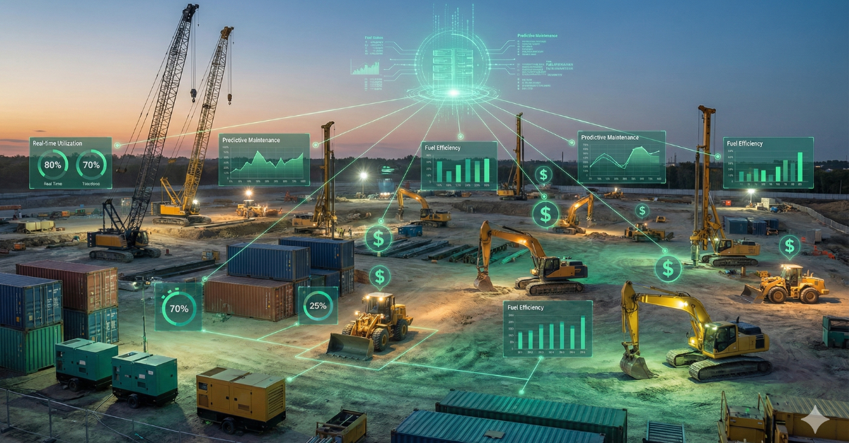 A construction site at dusk overlaid with glowing data visualization charts showing asset utilization metrics, illustrating business intelligence.
