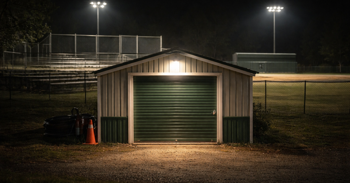 Unsecured storage shed at recreational sports field at night highlighting nighttime asset security risk