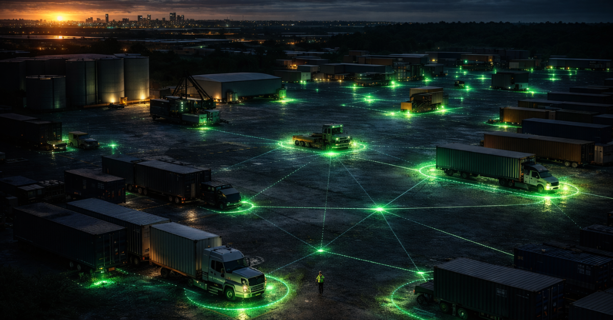 Glowing trails in a busy logistics yard
