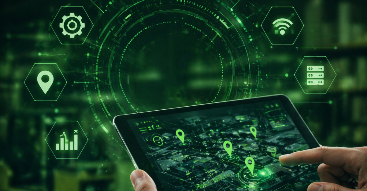 Affordable technology for real-time asset tracking shown on tablet with digital mapping and data visualization interface