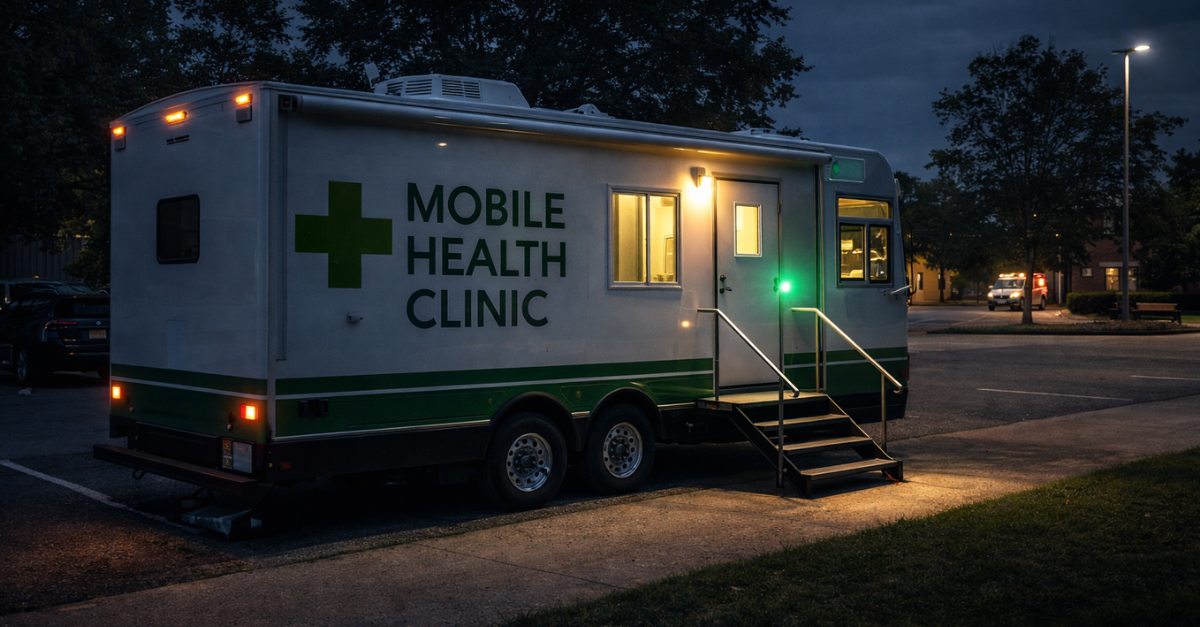 Mobile health clinic with active security monitoring at night