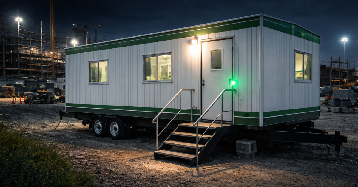 Mobile construction office trailer at night with green sensor glow showing behavioral security for mobile assets