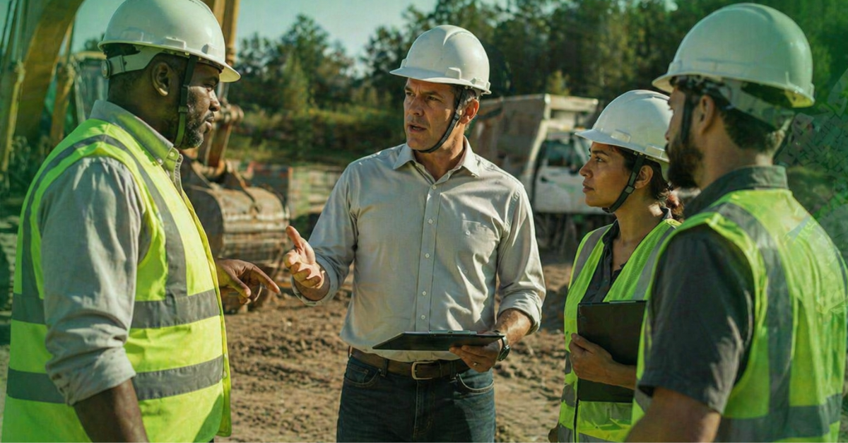 team discussing equipment and operations on outdoor job site