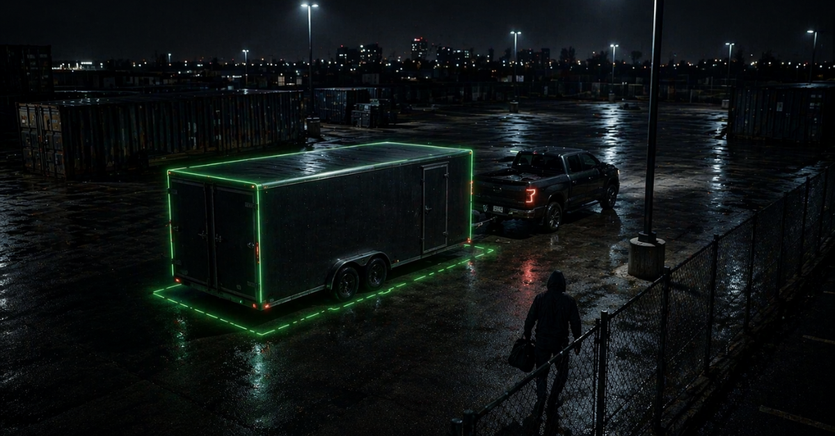 asset tracking for theft prevention showing trailer with subtle monitoring signal in a nighttime industrial yard