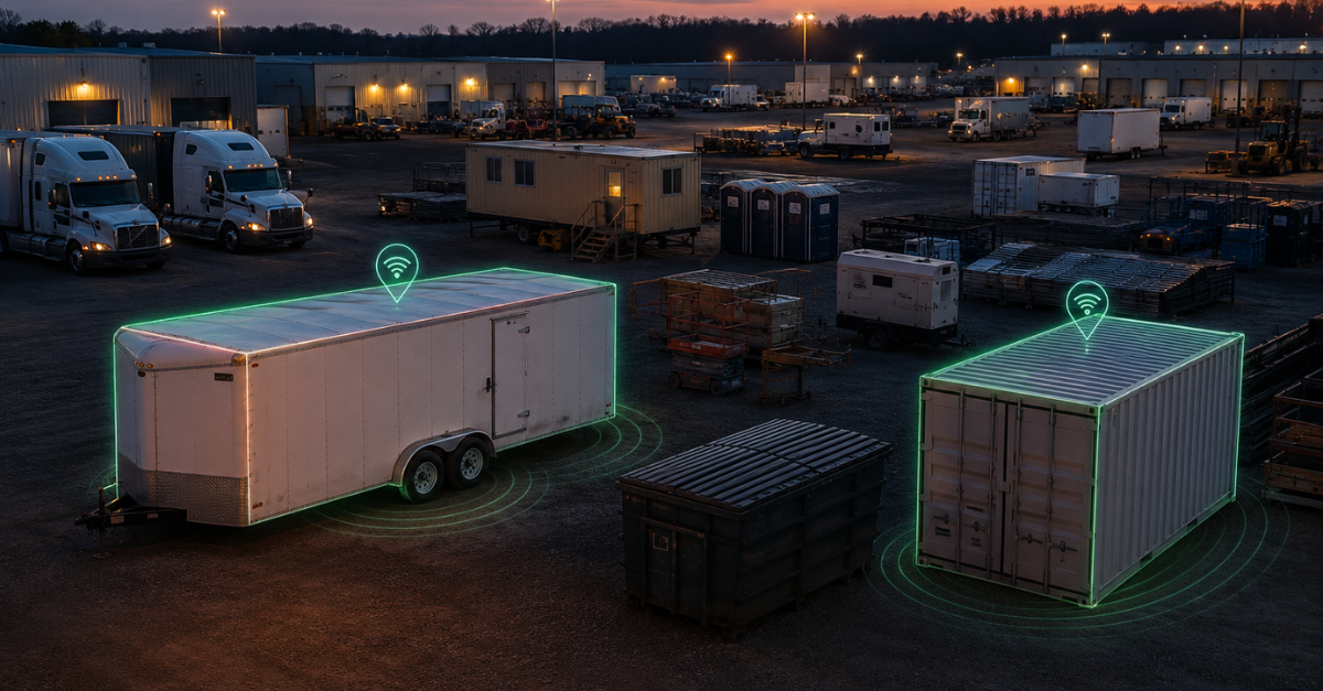 Industrial yard at dusk with trailers and containers highlighted by real-time GPS asset tracking signals.