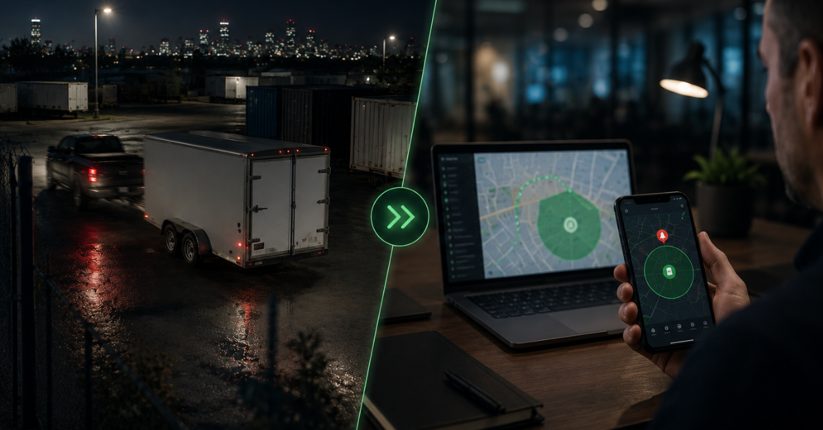 Split-screen showing unauthorized trailer movement alongside a real-time mobile GPS alert and response.