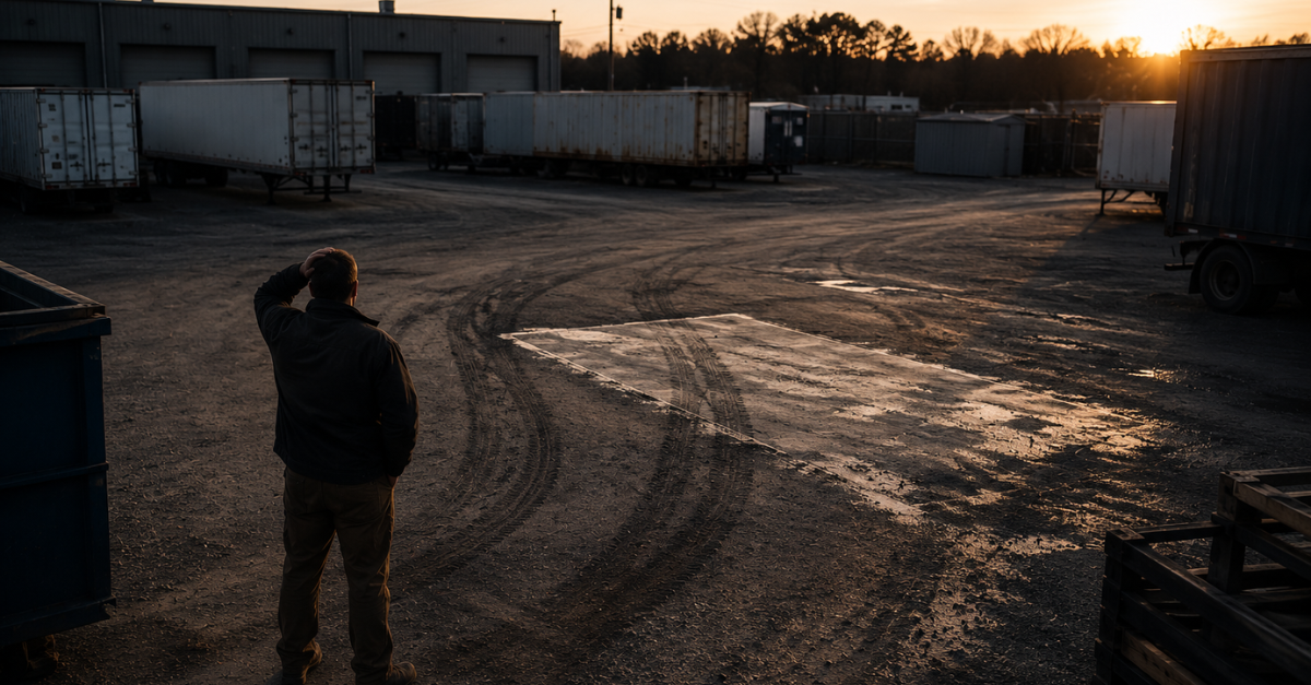 Empty trailer parking spot with fresh tire tracks as an operations worker realizes an asset is missing.